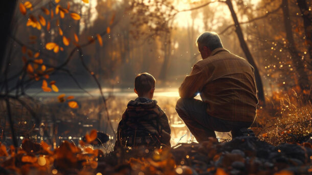 Mann und Kind am See im Herbstsonnenlicht.