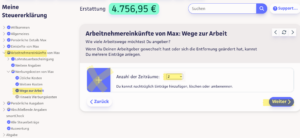 Screenshot der Eingabe von Arbeitswegen