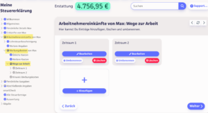 Screenshot des Eingabefelds "Wege zur Arbeit"