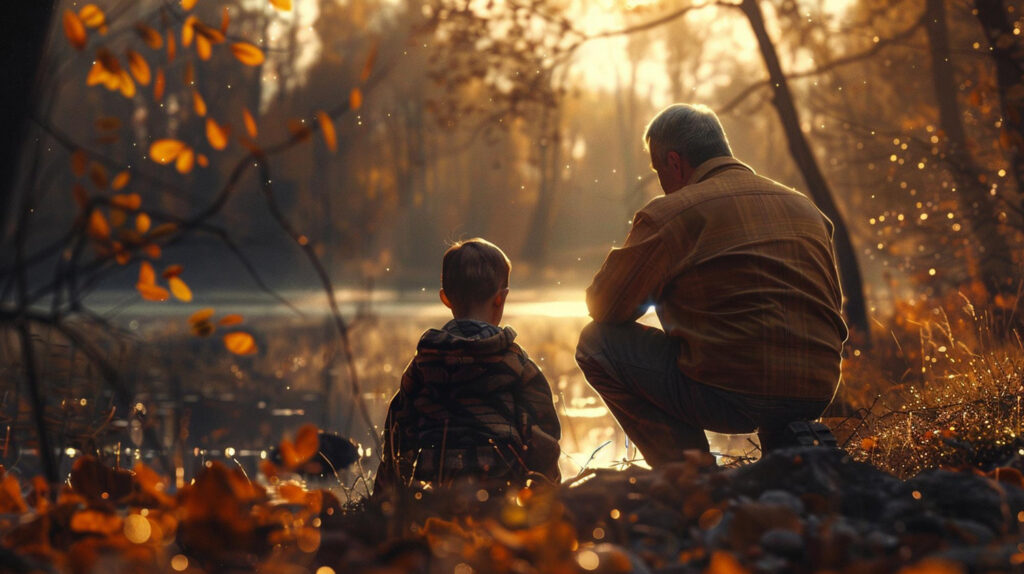 Mann und Kind am See im Herbstsonnenlicht.